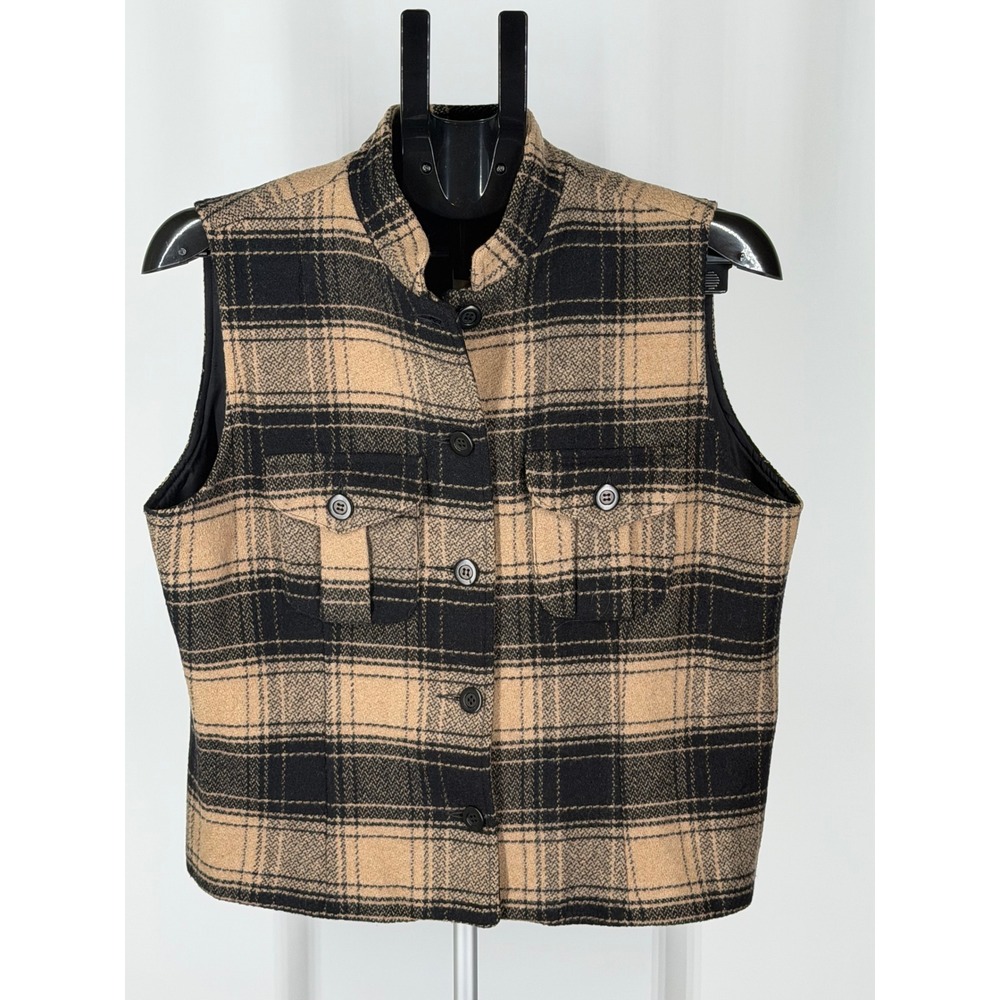 Breeches Plaid Wool Blend Vest Tan Black Button Front Mock Neck L Made in USA